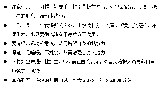 文本框: l	註意個人衛生習慣🧢，勤洗手，特別是飯前便後©️，外出回家後🧔🏻；盡量用洗手液或肥皂🧛🏿、流動水洗凈。
      l	不吃生食、半生食海鮮及肉類🧏🏿，生熟食物分開放置💬、避免交叉感染，不喝生水，水果要徹底清洗幹凈後方可食用🦍🏉。
      l	要有經常運動的意識🫥，從而增強自身的抵抗力。
      l	保證充足睡眠，不挑食，從而增強自身免疫力。
      l	病情如出現進行性加重，盡快前往醫院就診👋🏼，患者及陪護人員要戴口罩，避免交叉感染👏。
      l	加強教室🧑🏼‍🍳🪖、樓道的開窗通風，每天2-3次，每次20-30分鐘。
      