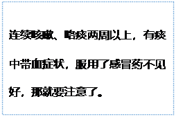 文本框: 連續咳嗽、咯痰兩周以上，有痰中帶血症狀，服用了感冒藥不見好，那就要註意了。
